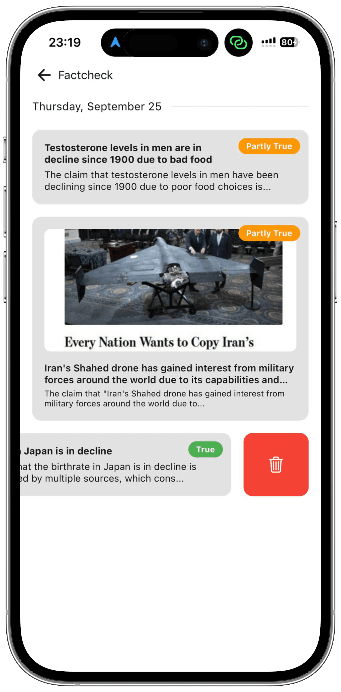 Fact-check history with sharing options to export as PNG images