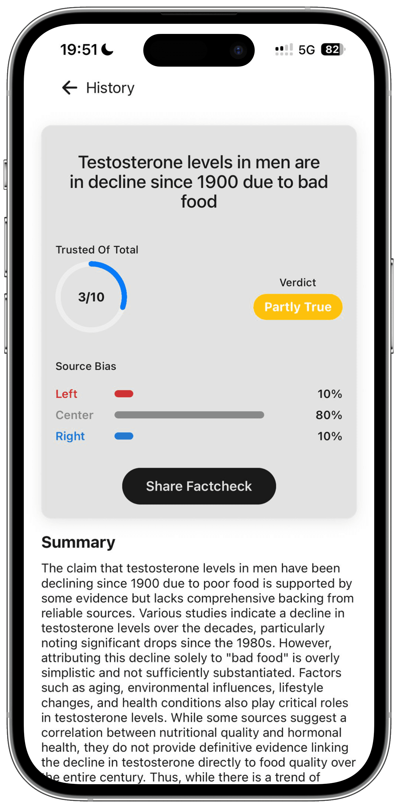 Fast fact-checking results showing True, Partly True, or False verdict