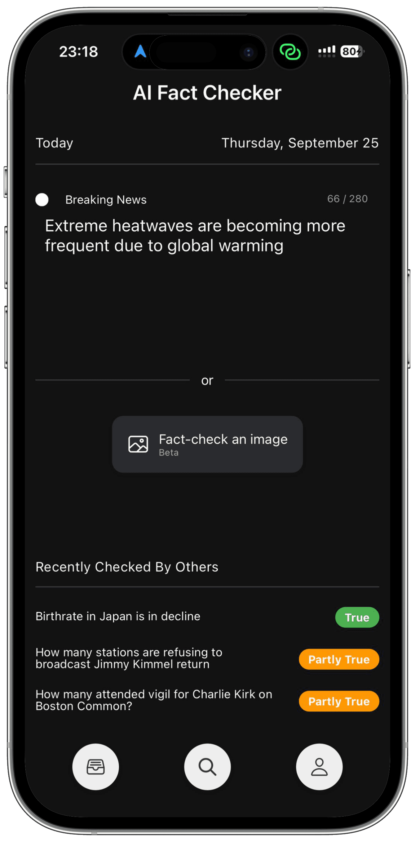 AI Fact Checker app in beautiful dark mode interface